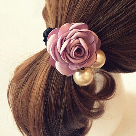 Women Satin Ribbon Rose Hairband Elastic Hair Ties Band Rope Ponytail Holder