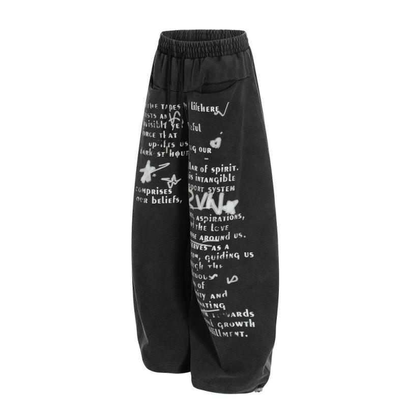 Mens Loose Wide-Leg Sweatpants Letter Print Streetwear Vintage Casual Pants