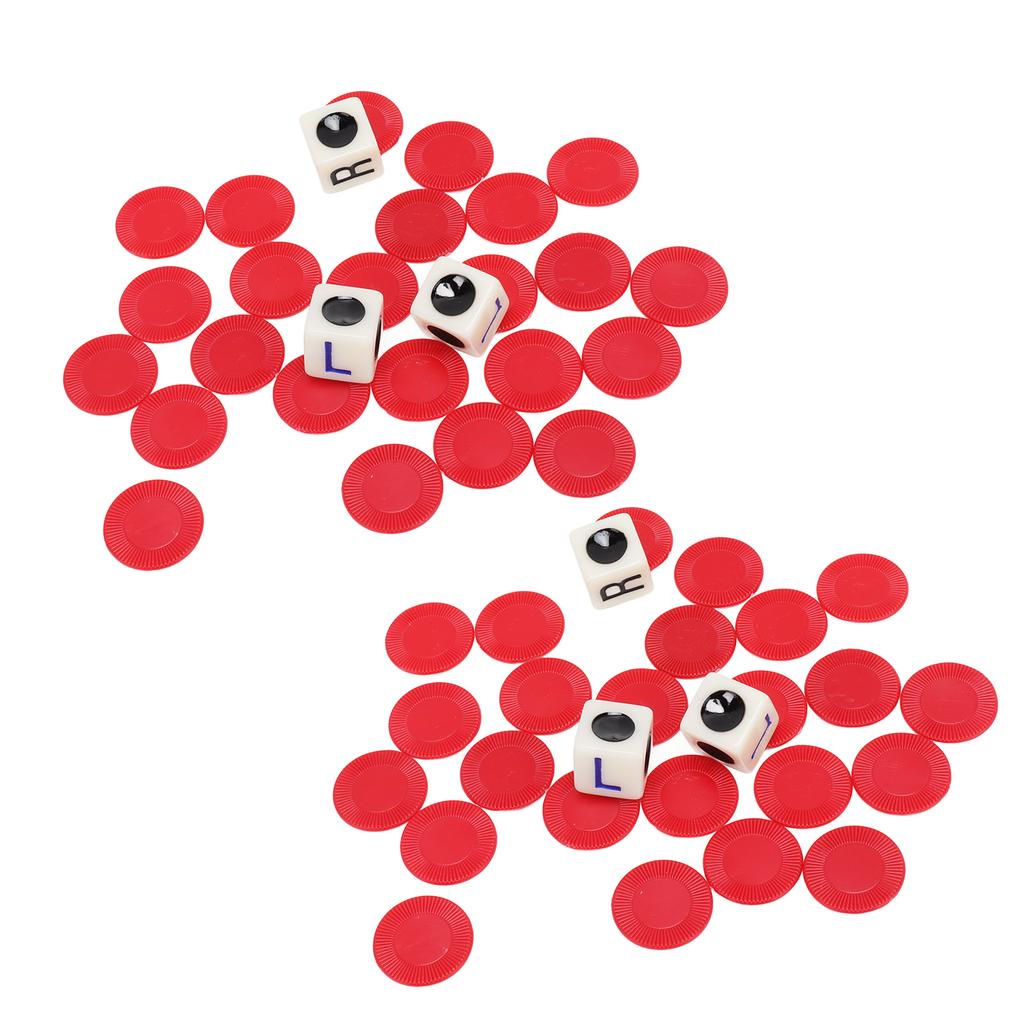 2 Sets Left Right Center Dice Game 16mm With 3 Dices 24 Chips for Family Nights Friends Gatherings Games Parties Red