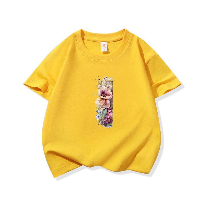 Kids Cotton T Shirt Floral Letter I Print Crew Neck Short Sleeve Tee Casual Boys Girls Summer Tops