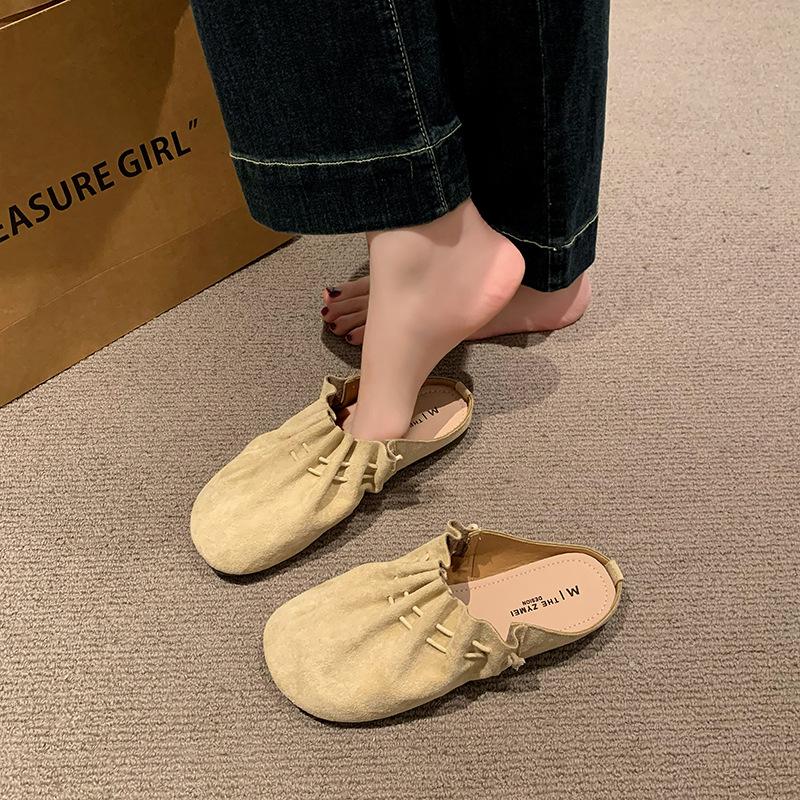 Retro pleated gentle baotou half slippers women's spring 2025 new Korean version outer wear thick-soled lazy Mu Qin shoes