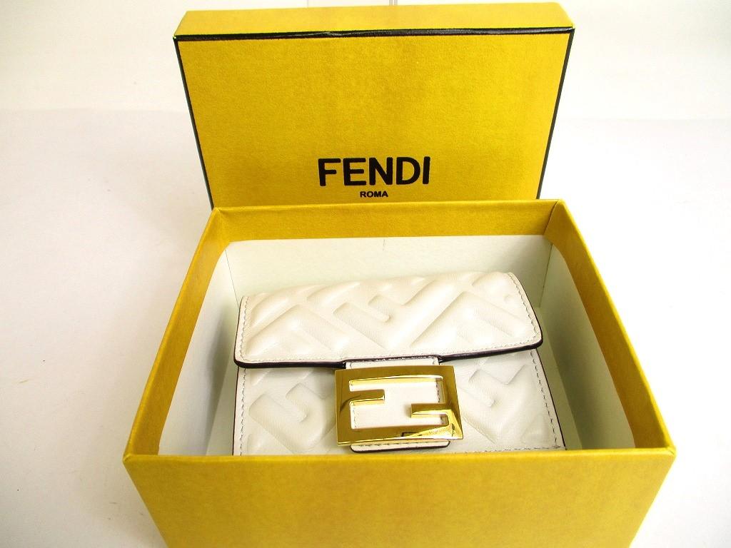 Authentic FENDI White Leather Baguette Micro Trifold Wallet Compact Wallet #9932  Refurbished