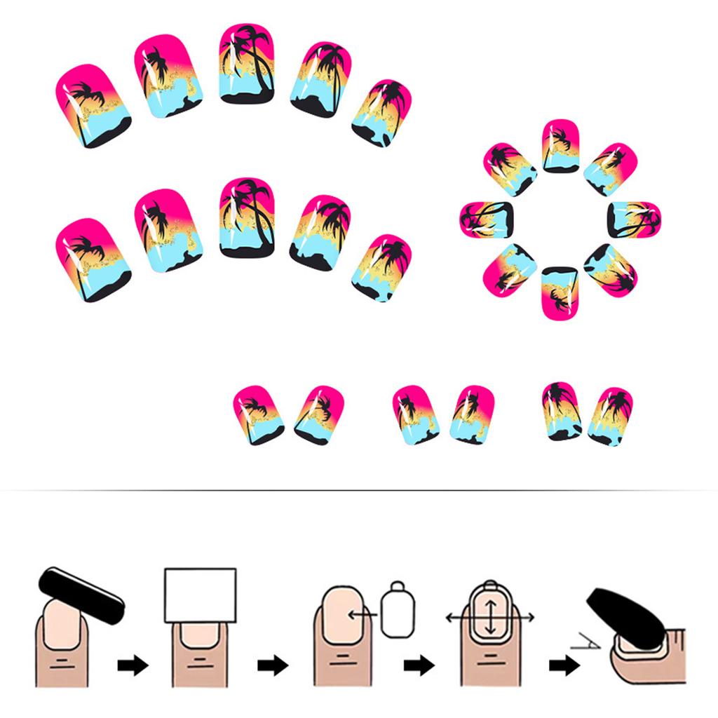 24 Pieces Coconut Sunset Press On Nail Glossy Short Square Artificial Nail Stick On Nail For Parties And Daily Use