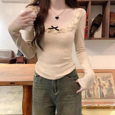 U-neck Collarbone Sexy Bottoming T-shirt for Women's Spring and Autumn Pure Lace Splicing, Waist and Thin, with Clothes Inside