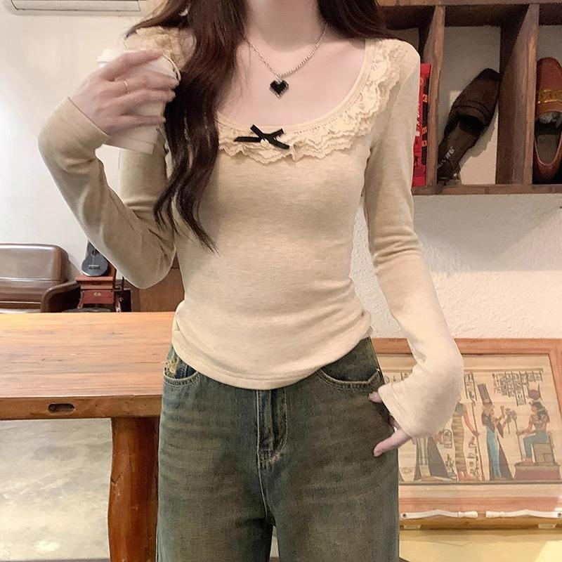 High-end U-neck Clavicle Sexy Bottoming T-shirt for Women In Spring and Autumn Pure Desire Lace Patchwork Waist Slimming Inner Wear
