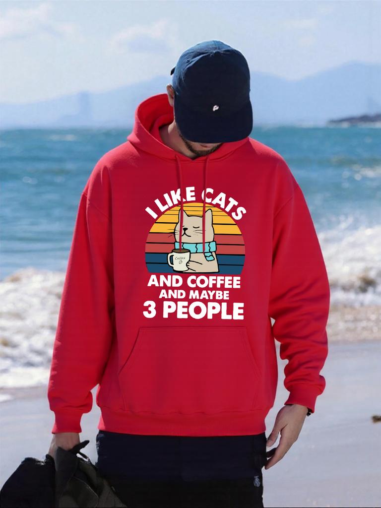 Ich mag Katzen und Kaffee 3 Personen Design Herren Kapuzenpullover Herbst Hip Hop Pullover All-Match Oversized Hoodie Fleece Tasche Sportbekleidung