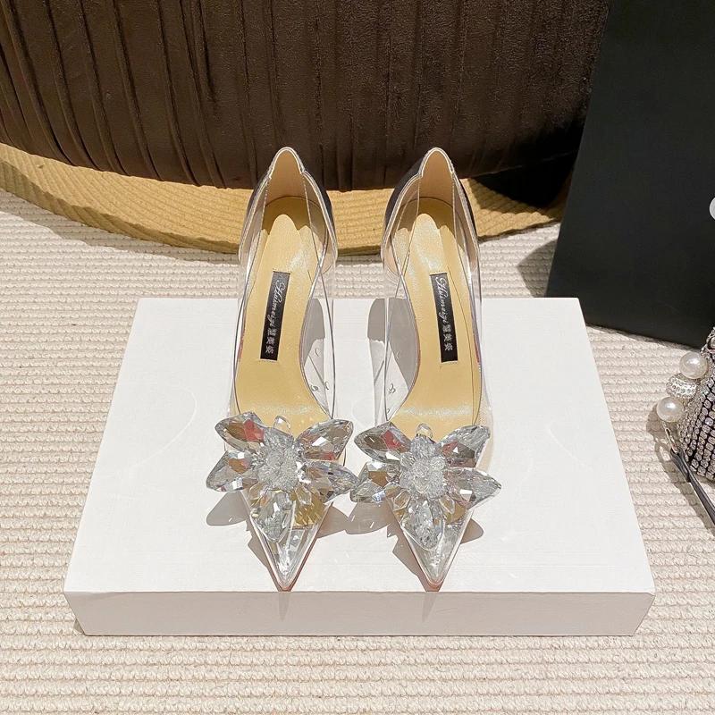 Fashion Transparent Sandals Wedding Shoes Women Pointed Clear Crystal Cup High Heel Stilettos Sexy Pumps Summer Shoes Women Pumps