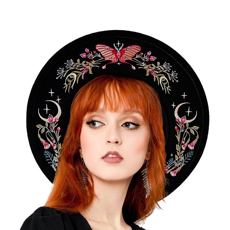 Wildflower Moon Print Fedora Hat Women Men Fashion Personality Autumn Winter Wide Brim Witchy Hat British Retro Flat Top Hat