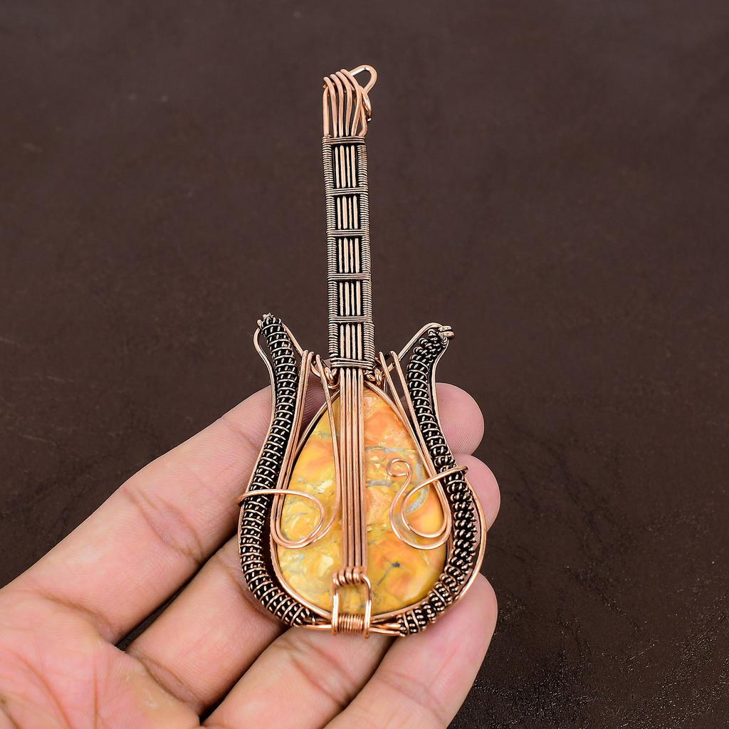 Yellow Mookaite Handmade Copper Wire Wrap Guitar Pendant 4.53" C2d64