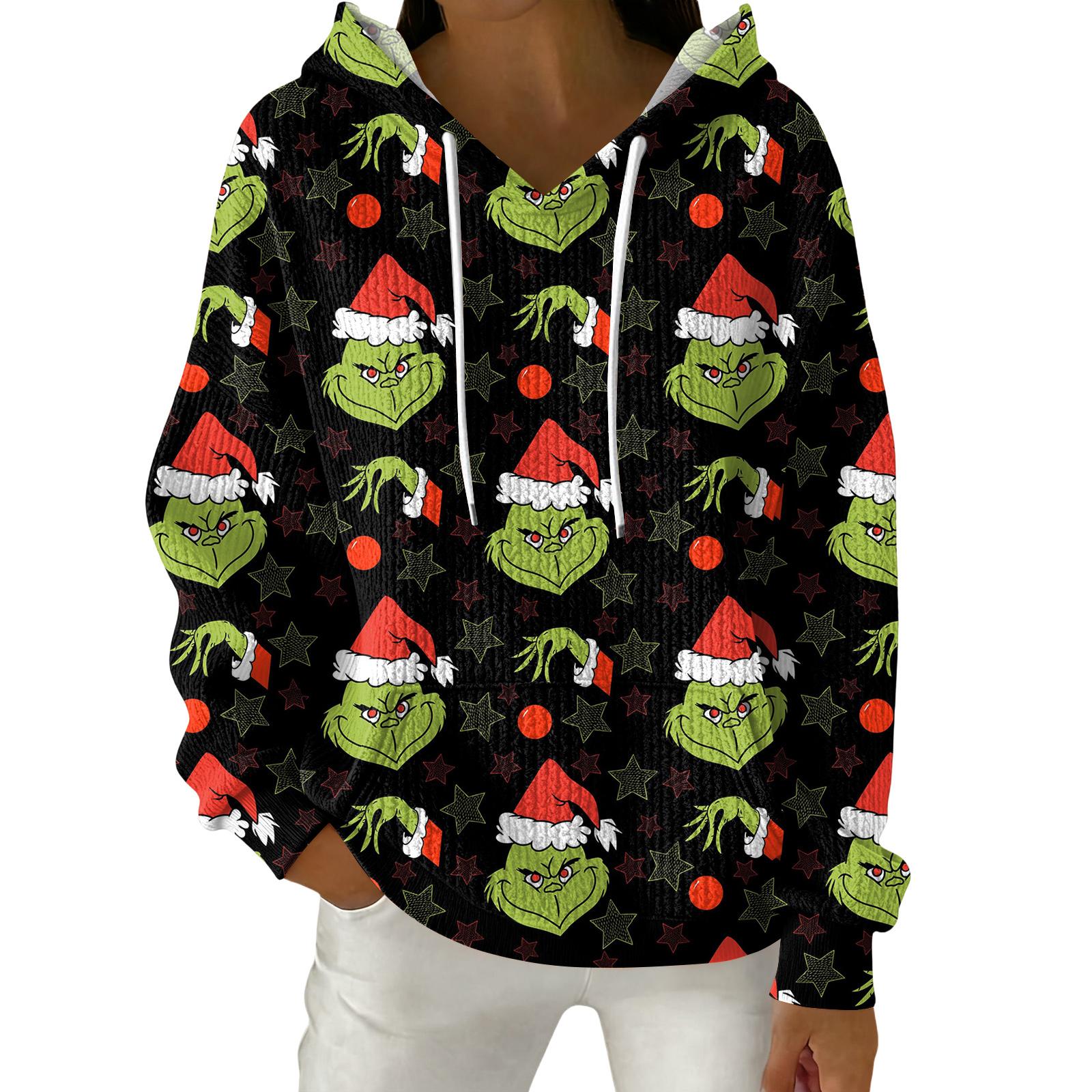 

Женский модный повседневный пуловер с рождественским принтом, толстовка с капюшоном и длинными рукавами XXL чёрный