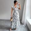 Spring and Summer New Printed Lotus Leaf Edge V-neck Sexy Slim and Thin Long Dress Dress