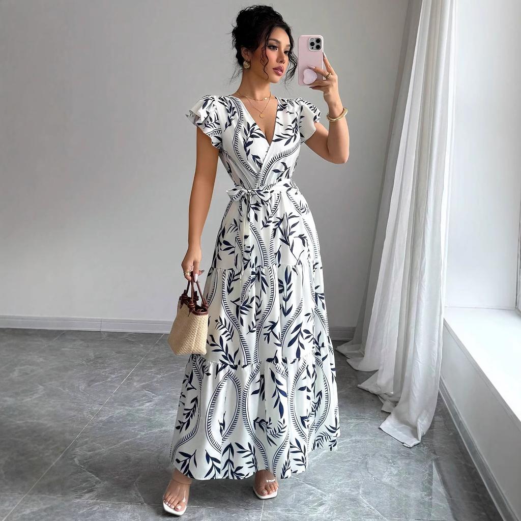 Spring and Summer New Printed Lotus Leaf Edge V-neck Sexy Slim and Thin Long Dress Dress