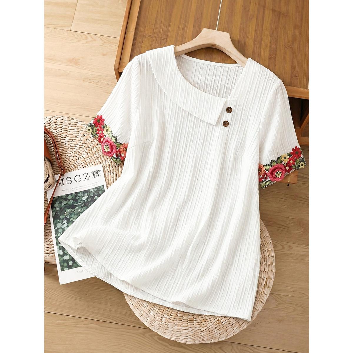 Summer Plus Size Women Ethnic Style Cuff Embroidered Oblique Neck Loose Fit Short Sleeve T Shirt XL