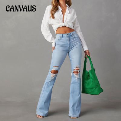 Spring Summer Women's Jeans High Waisted Hole Street Spice Flared Trousers Long Pants