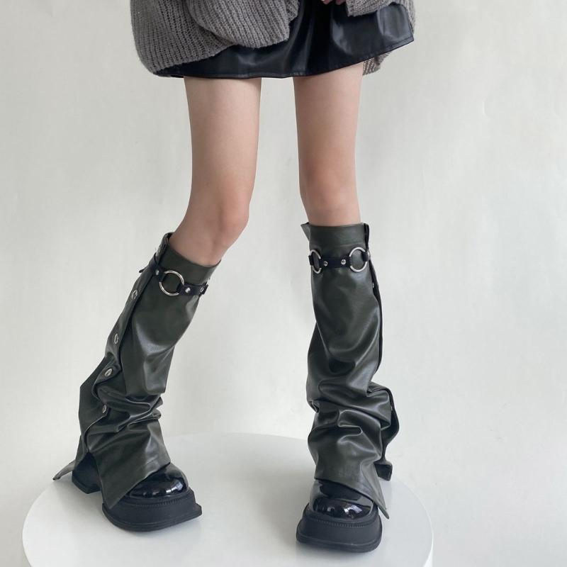 Women Punk Buckle Leather Leg Warmers Harajuku Grunge Leg Socks Side Buttons Wide Baggy Boot Covers Gaiters Streetwear