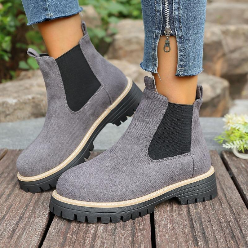 Women's Platform Suede Martin Boots, Round Toe Chunky Heel Ankle Booties, Elastic Gaiter Wide Width Available Slip-On Boots