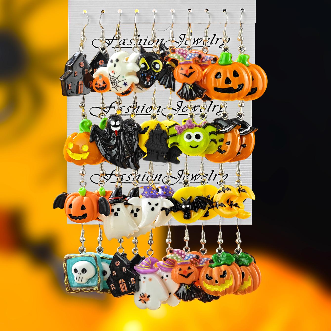 

Новый Хэллоуин Милый Смешной Тыква Летучая мышь Привидение Черный кот Паук Шляпа ведьмы Смола Подвеска Серьги Набор для подарков на Хэллоуин