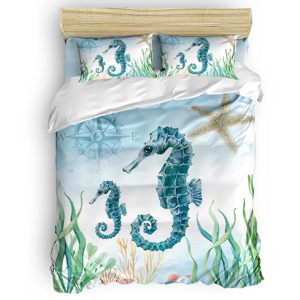 Ocean Animal Duvet Cover Set Coral Marine Life Home Textile Sea Urchin Soft Quilt Cover Cute Seahorse King Size Bedding