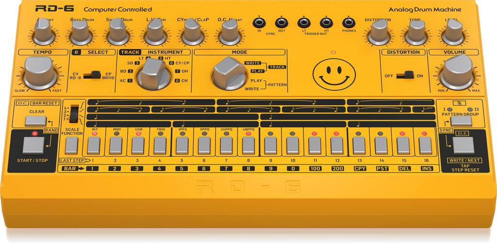 Behringer Analog Drum Machine MIDI Compatible 16 Step Sequencer with Analog Distortion Yellow USB/DIN RD-6-AM