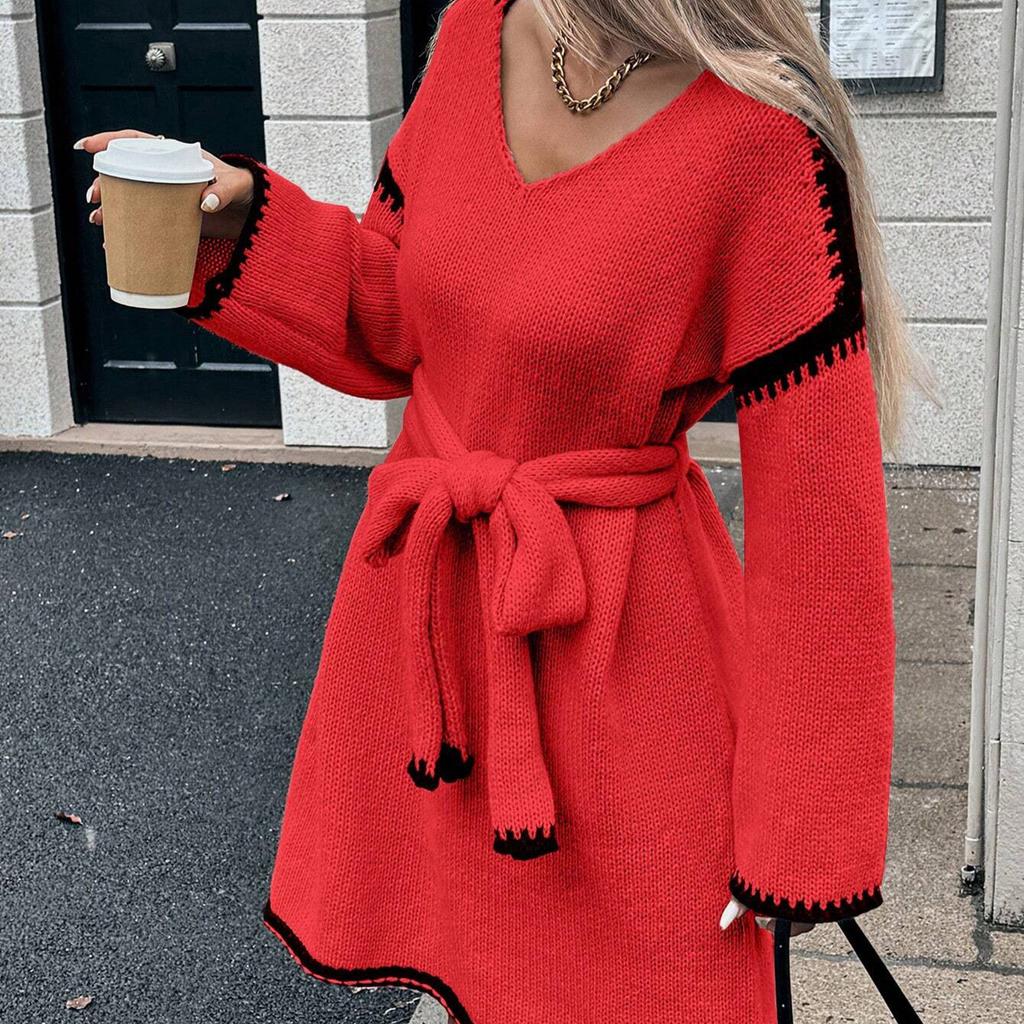 Women Slouchy Fashion Tie Waist Dress Loose Knit V-neck Long Sleeve Fall Mid-length Comfortable Breathable Dresses White Dress
