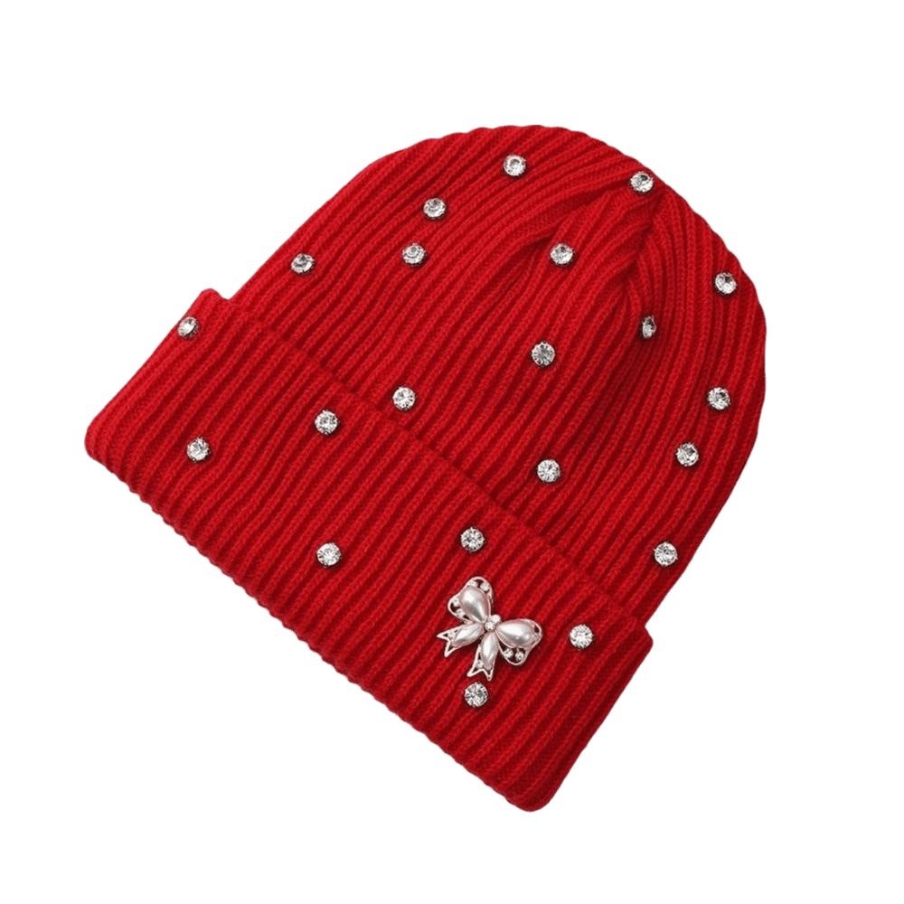Solid Color Crystal Pearl Bow Beanie Warm Pullover Hat Fashion Knit Hat Outdoor