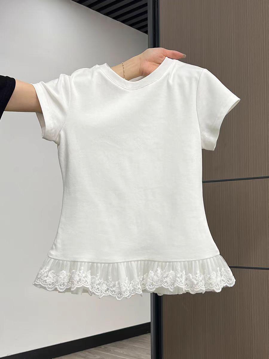 

Cotton T-shirt Ballet hem splicing lace lace short sleeve women s inner design Spice girl top summer s (recommended within 50kg ) белый