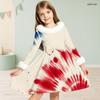 Girls Navy Blue Printed High Neck Long Sleeve A Line Flared Dress With White Fur Trim And Bow