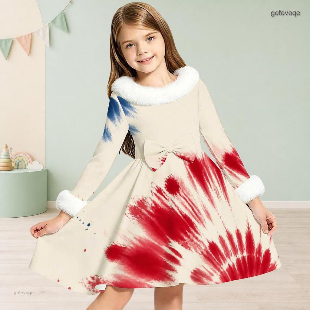 Girls Navy Blue Printed High Neck Long Sleeve A Line Flared Dress With White Fur Trim And Bow