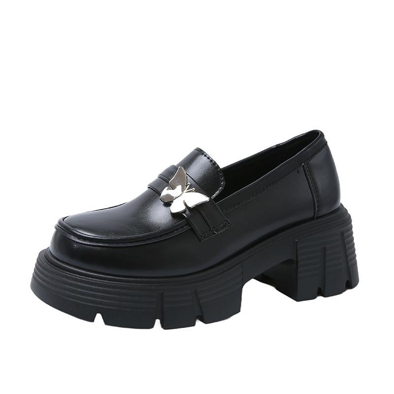 Thick-soled heightening women's spring new black small leather shoes, one-pedal single shoes women