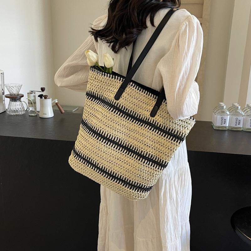 Contrast Color Tote Bag Women's Large Capacity Shoulder Bag Beach Straw Woven Bag