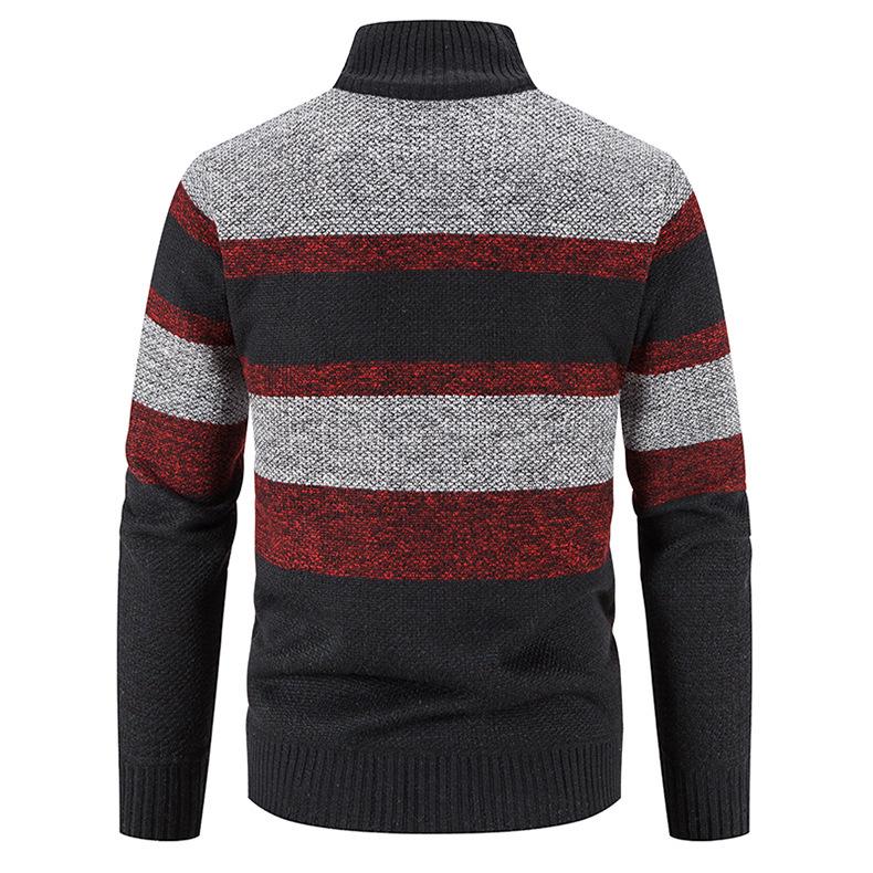Men's Thickened Velvet Stand Collar Color Block Knit Cardigan Sweater Jacket for Autumn/Winter