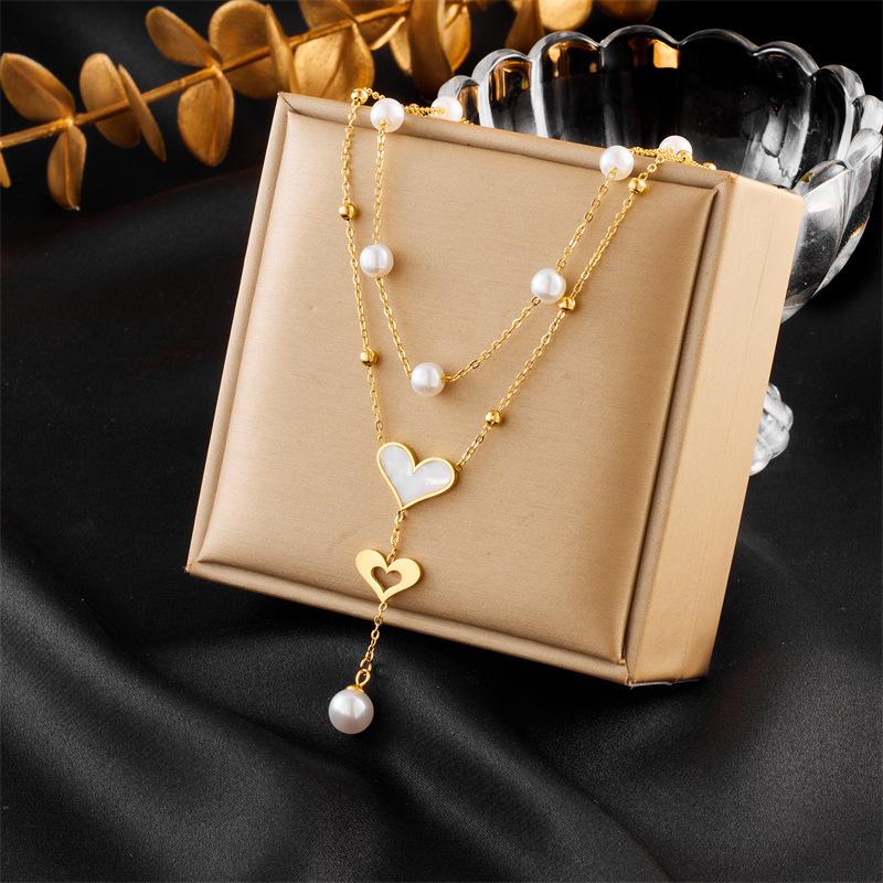 18K Gold Plated Layered Pearl Heart Pendant Necklace, Dainty Double Chain Y-Drop Lariat Choker for Women, Trendy Jewelry