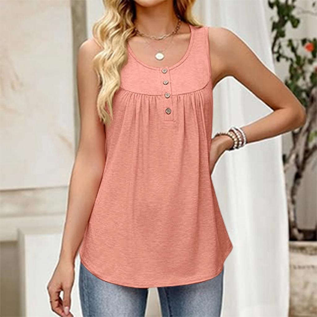 Women's Fashionable Plain Color, Round Neck, Button-Decorated Sleeveless Vest Top, Suitable For Both Inner And Outer Wear.