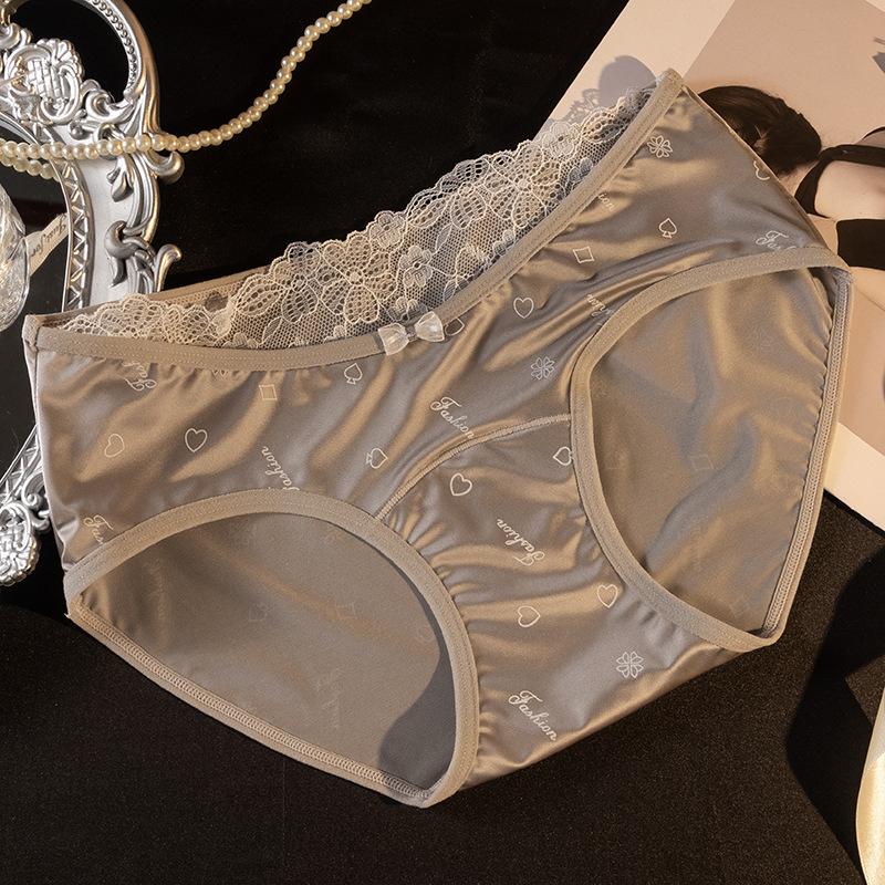 Ladies Spring and Summer New Sexy Lace Satin Ice Silk Without A Trace Wrapped Hip Cotton Crotch Waist Triangle Briefs