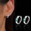 Single Baguette Cut Green Cubic Zirconia Tiny Hoop Earrings Silver Tone Four Prong Setting Minimalist Ladies Casual Accessories