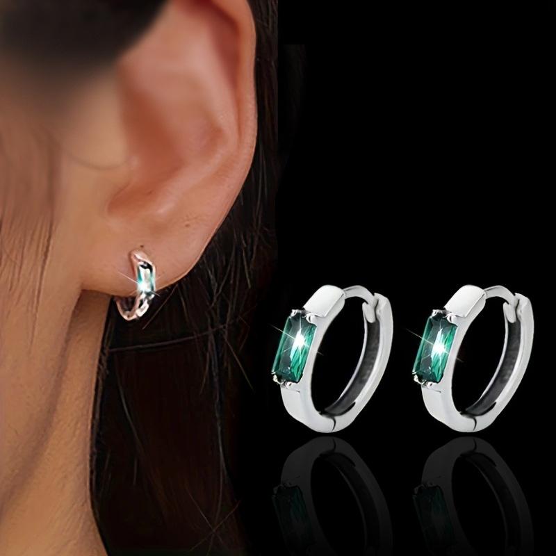 Single Baguette Cut Green Cubic Zirconia Tiny Hoop Earrings Silver Tone Four Prong Setting Minimalist Ladies Casual Accessories