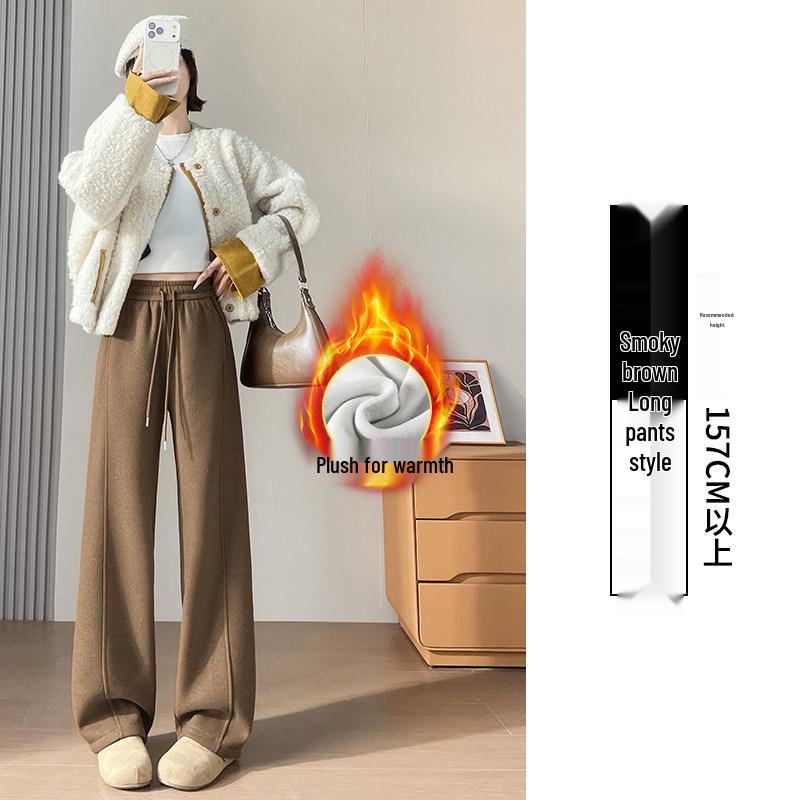 Women's High-Waisted Woolen Wide-Leg Pants - Plus Velvet Thickened, Loose, Casual, Autumn/Winter, Slimming, Straight-Leg Sweatpants
