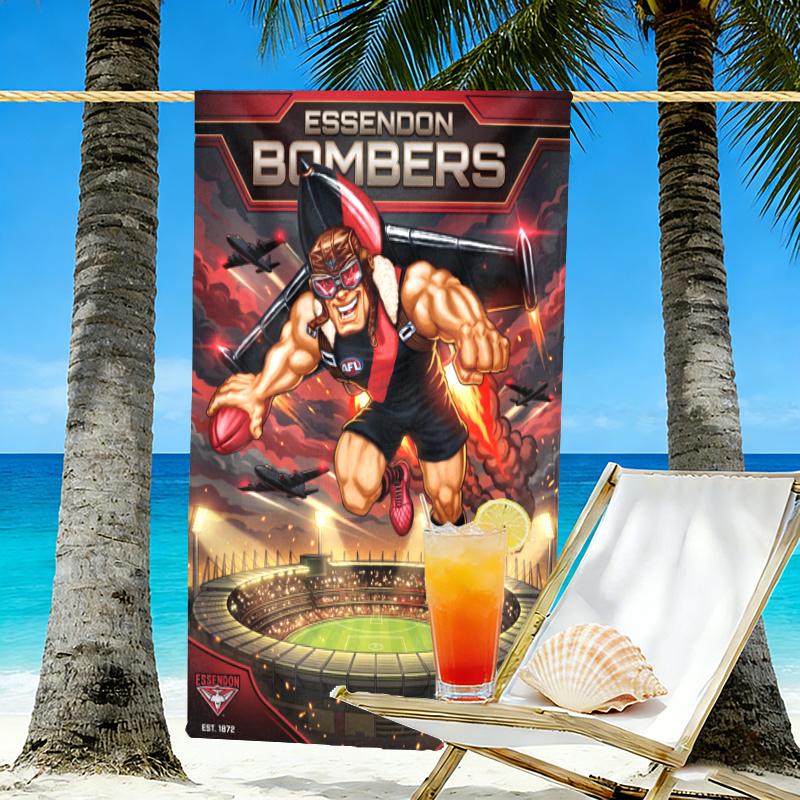 Essendon Football Print Beach Towel Design, Soft, Lightweight. for Home Bathroom, Spa, Pool, Yoga, Surfing, Camping, Gift for Family, Friend