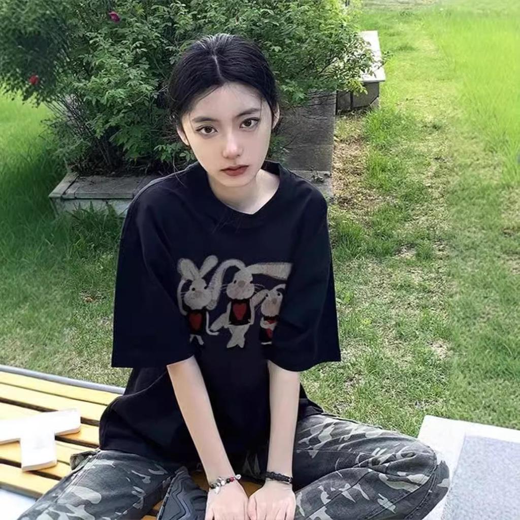 Women's Oversized Black Rabbit Print Cotton Tee