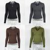 Elegant Long Sleeve Polo Shirt For Women With Pure Cotton Stripes And Slim Fit Design