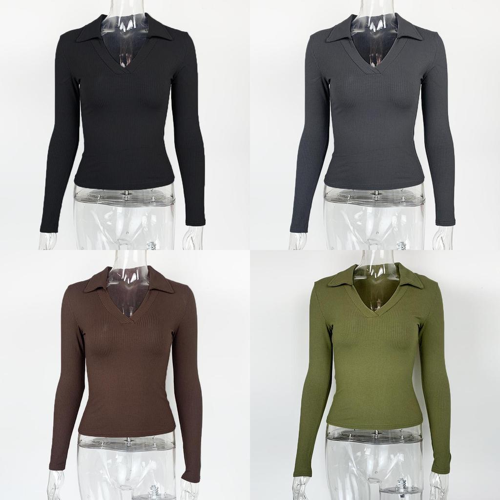 Elegant Long Sleeve Polo Shirt For Women With Pure Cotton Stripes And Slim Fit Design