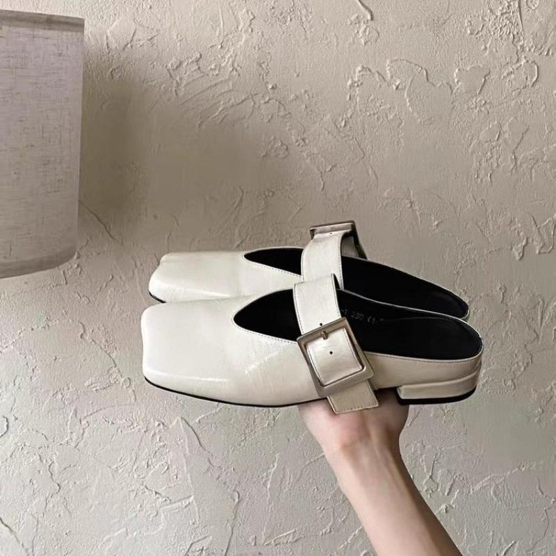 Fashion Spring New Shallow Slippers Women's Shoes Women's Versatile Fashion Square Toe Metal Buckle Soft Sole Block Heel Shoes