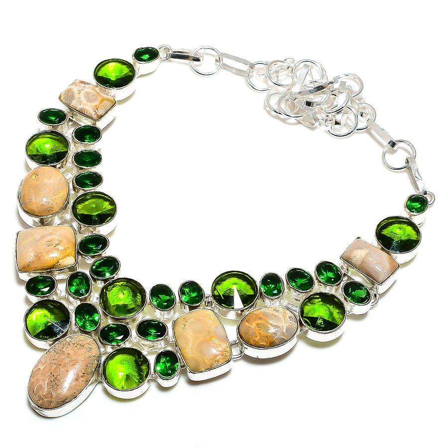 

Fossil Coral, Peridot Gemstone 925 Sterling Silver Jewelry Necklace 18 SU-9783