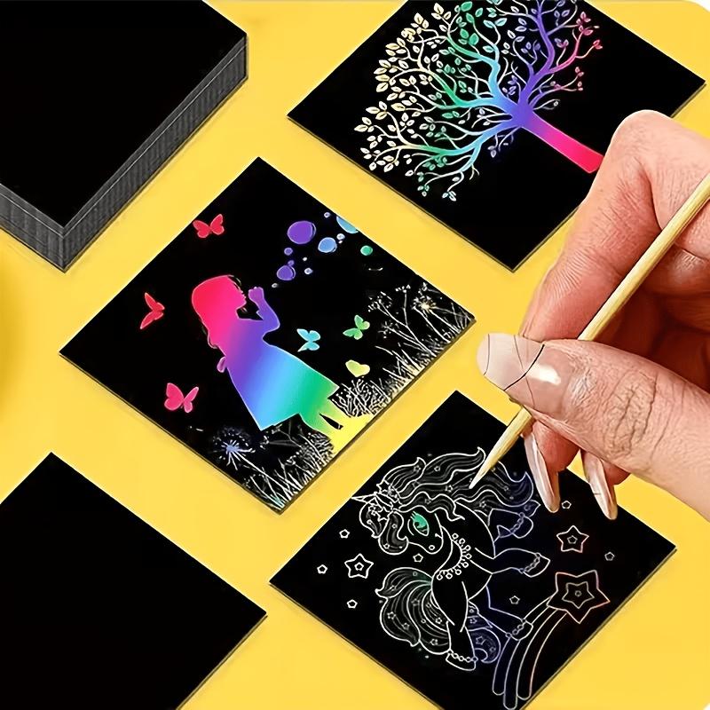 11 Stück Magisches DIY Kratz-Kunstpapier mit 1 Bambusstock - Regenbogen-Kunst-Kratzset, Geeignet als Geburtstags- und Feiertagsgeschenk