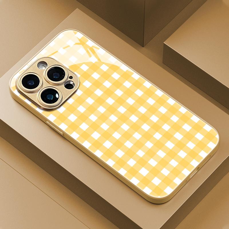 Minimalist Fashion Yellow Plaid Pattern Glass Phone Case for iPhone17promax 16 15 14 13 12ProMax 11 11Pro Anti-drop Protection