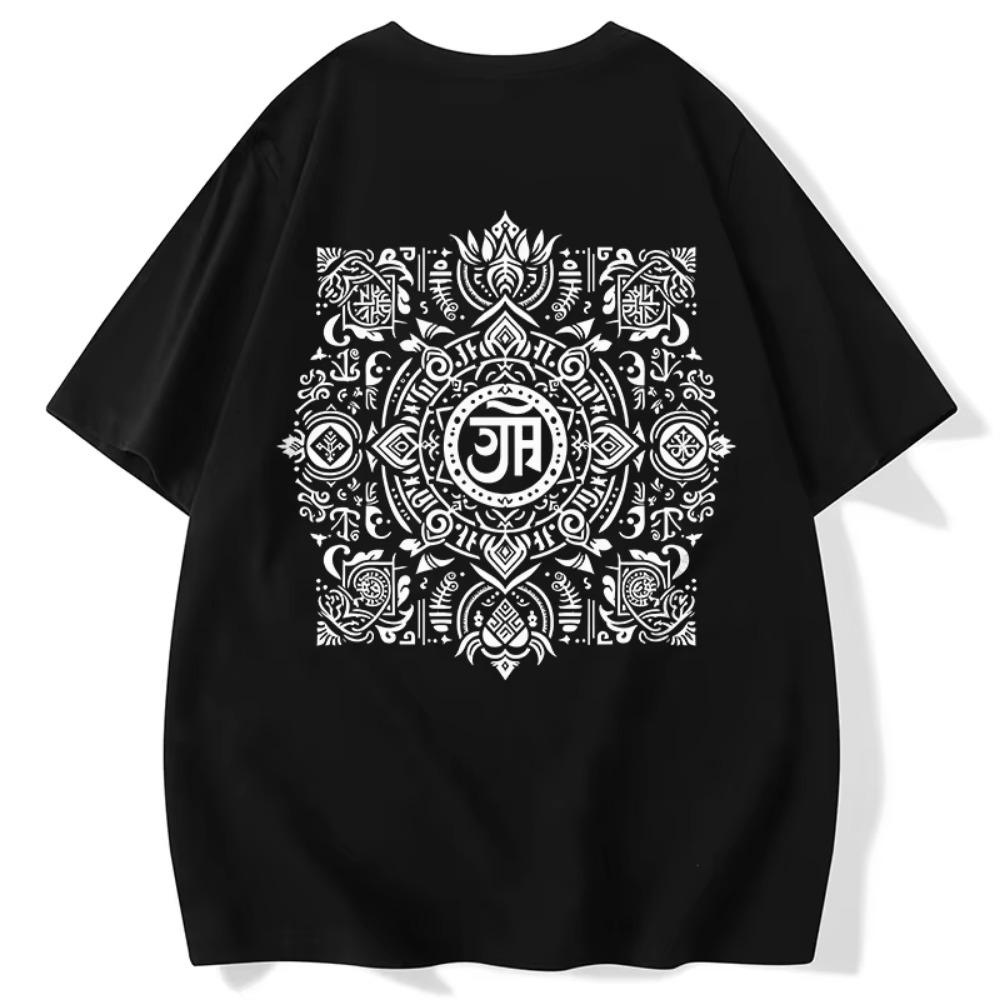 Japanese  Short Sleeve 100% Cotton Men's T-shirt Sanskrit Funny Graphic Print Tee Creative Style Loose Man Women Y2k Tops