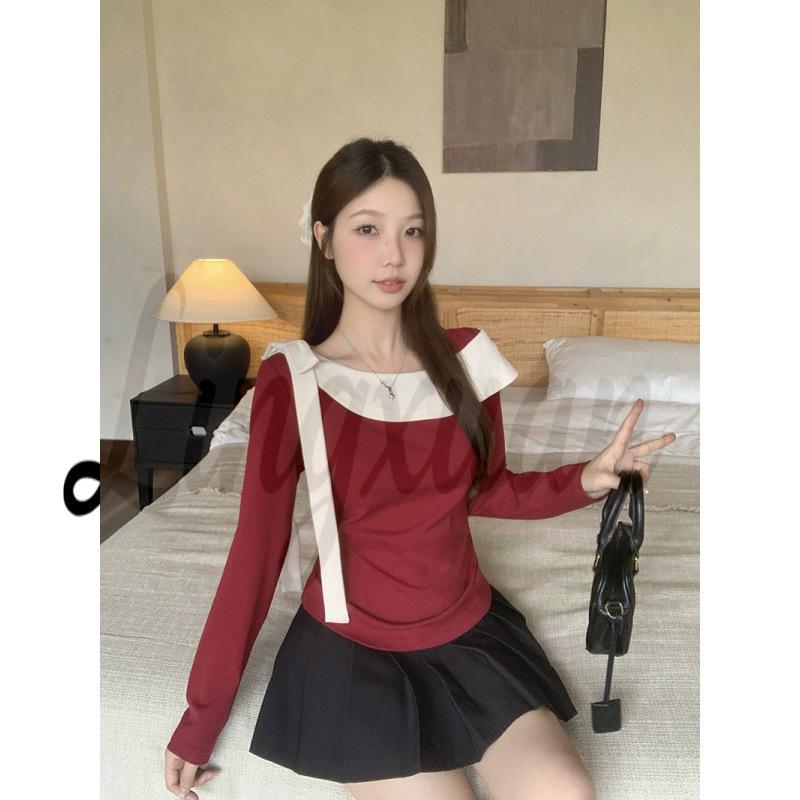 

Spring 2026 Plus Size Color Block Ruffle Bow Knot Top XL малиновий
