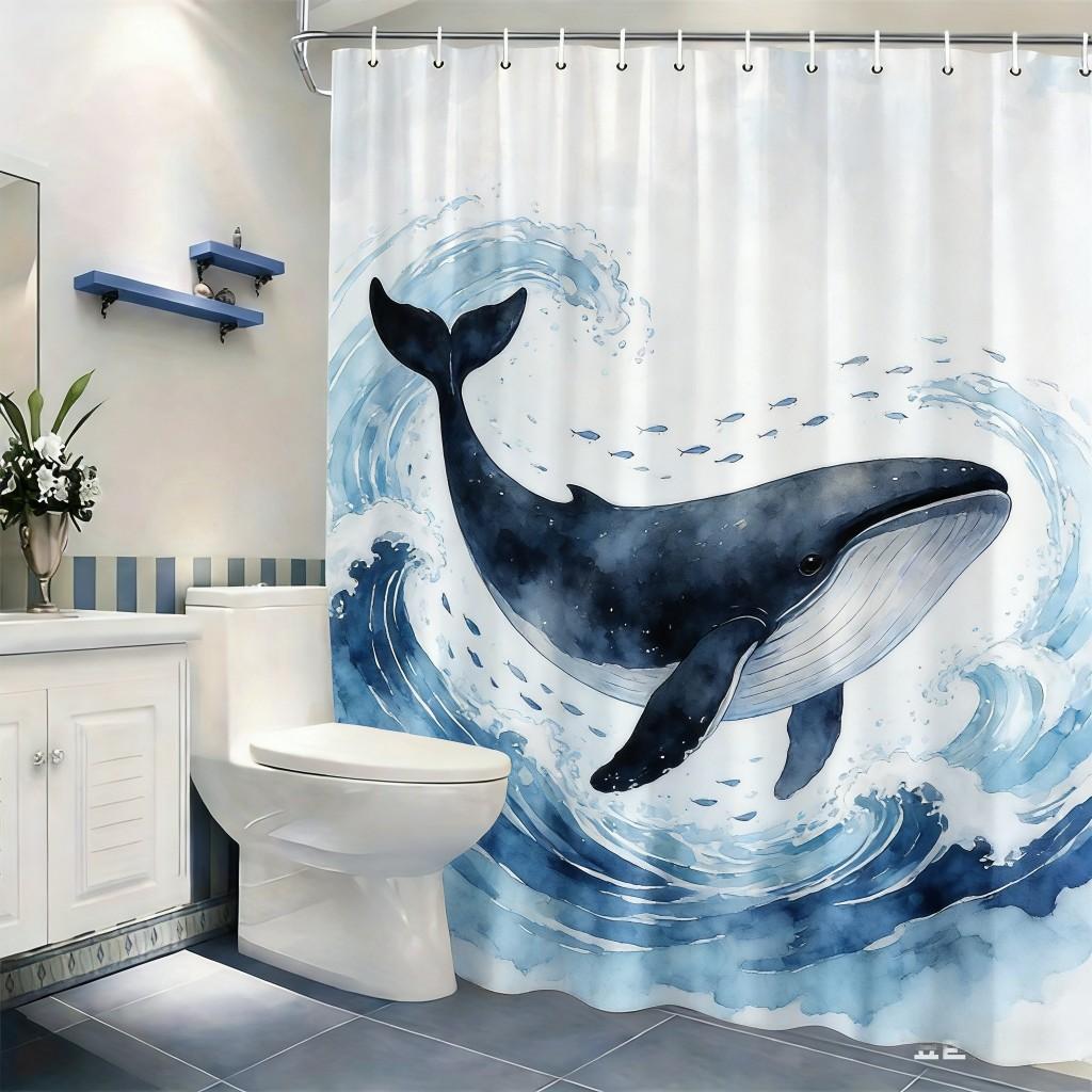 Watercolor Sunset Ocean Sailboat & Seagulls Waterproof Shower Curtain For Bathroom Decor