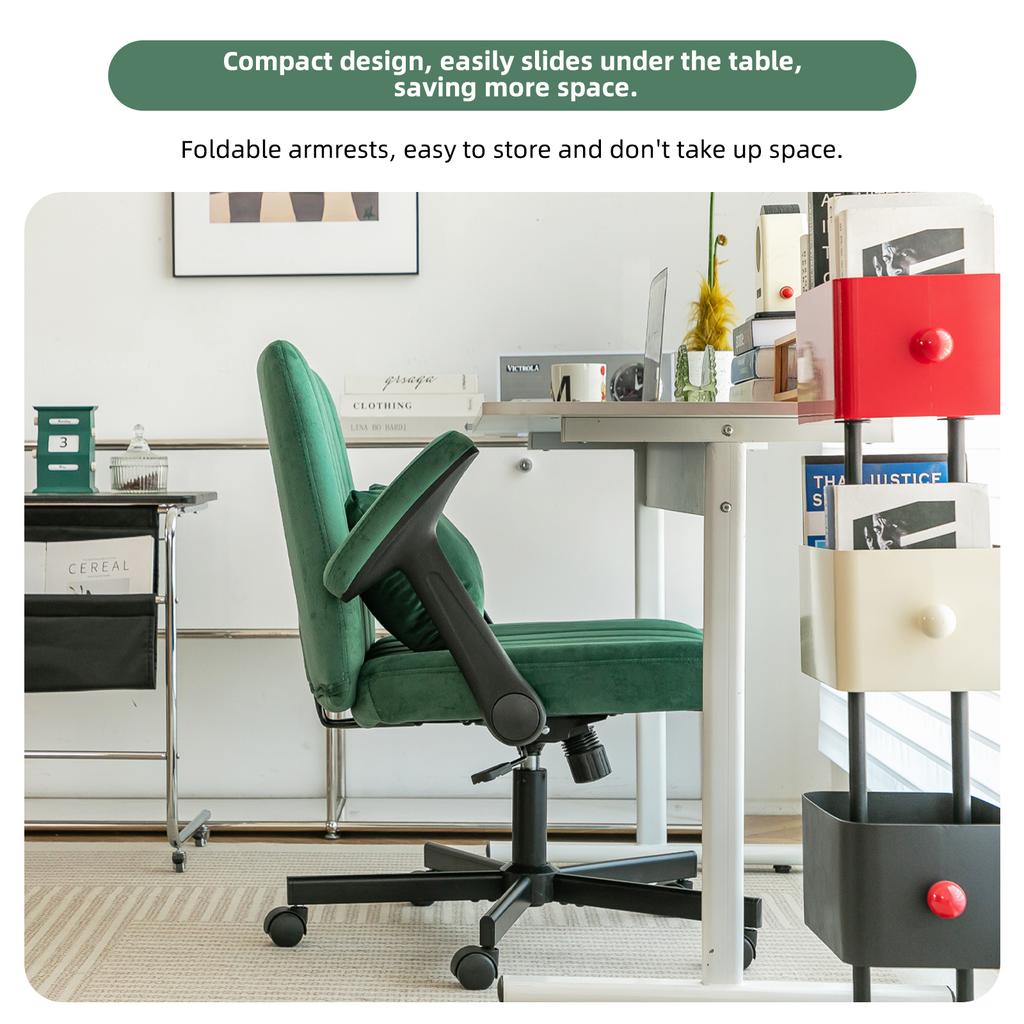 Velvet Office Chair Home Office - Height-Adjustable Swivel Chair with Foldable Armrests and Quiet Casters - Elegant Fabric Office Chair