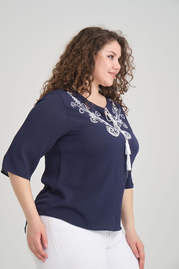 Damen-Bluse in großen Größen, Marineblau, ethnisch gemusterte Quasten-Bluse in Übergröße